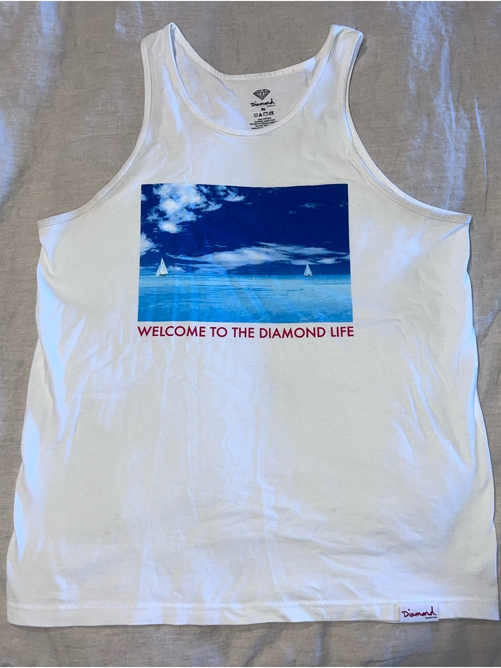Diamond Supply Co. White Men's Tank with Blue Ocean Sail Graphic